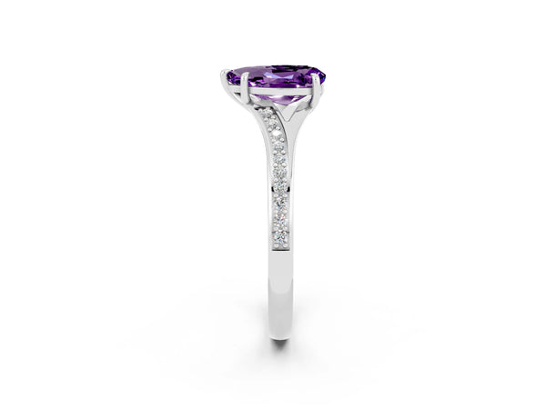 White gold Pear Cut Amethyst Solitaire Ring with Pavé Band and Prong Setting