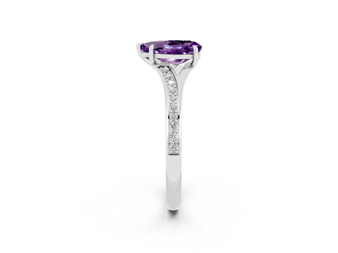 White gold Pear Cut Amethyst Solitaire Ring with Pavé Band and Prong Setting_2