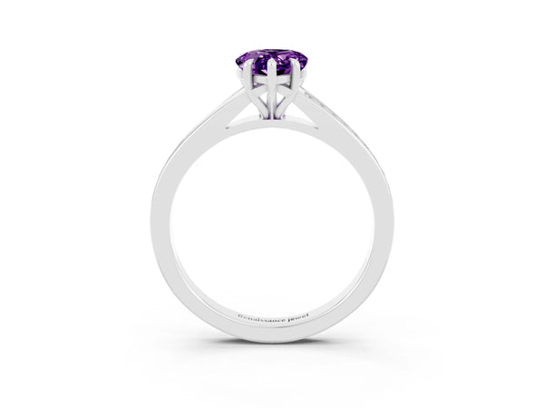 Platinum Pear Cut Amethyst Solitaire Ring with Pavé Band and Prong Setting