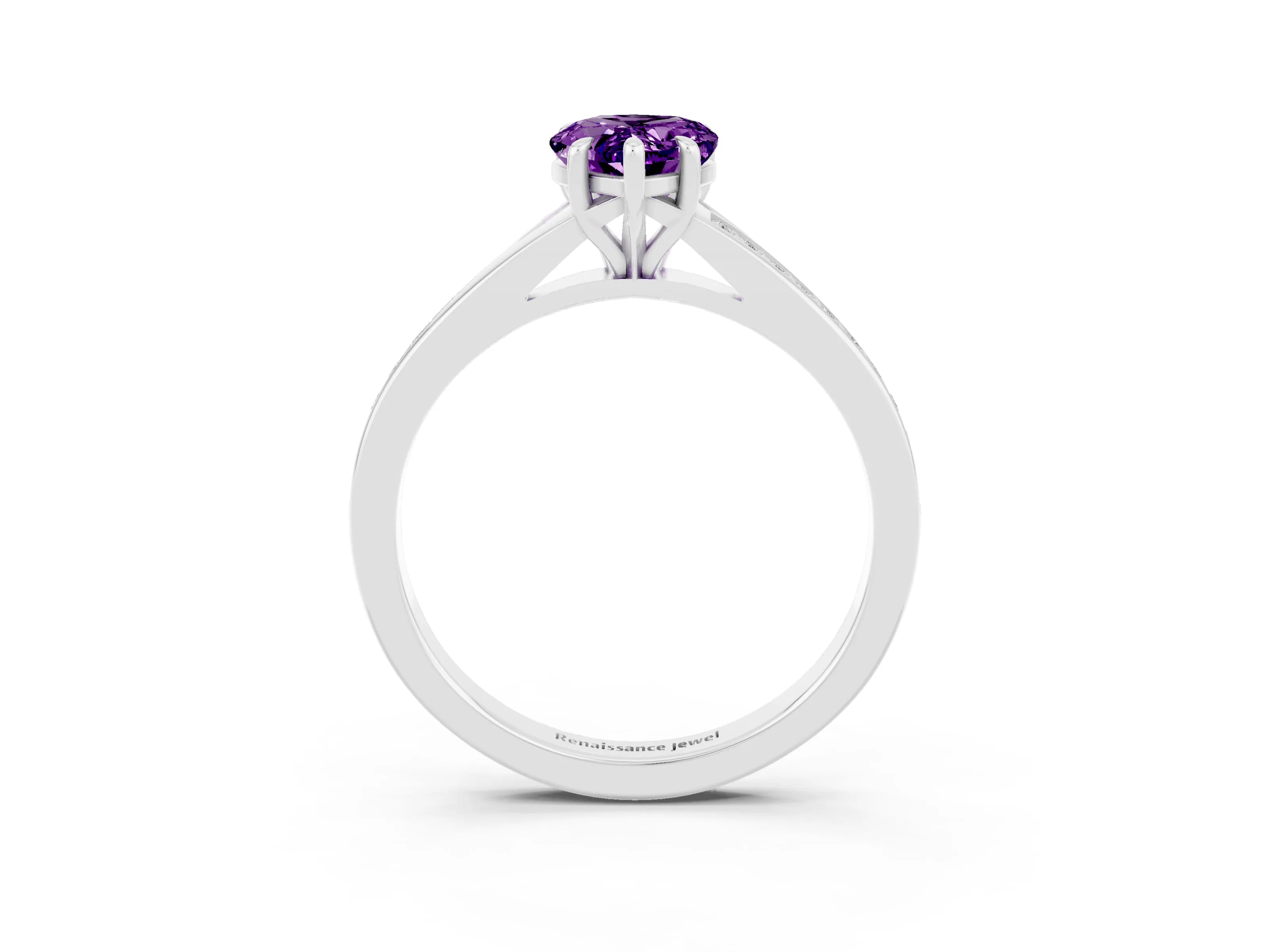 White gold Pear Cut Amethyst Solitaire Ring with Pavé Band and Prong Setting_3