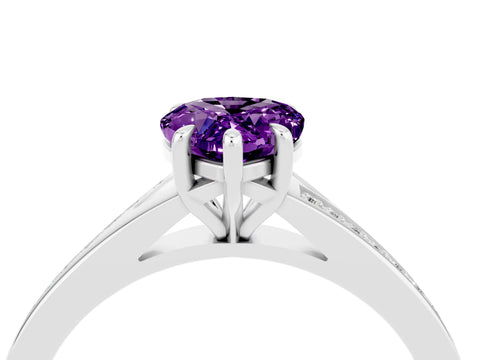 White gold Pear Cut Amethyst Solitaire Ring with Pavé Band and Prong Setting_4