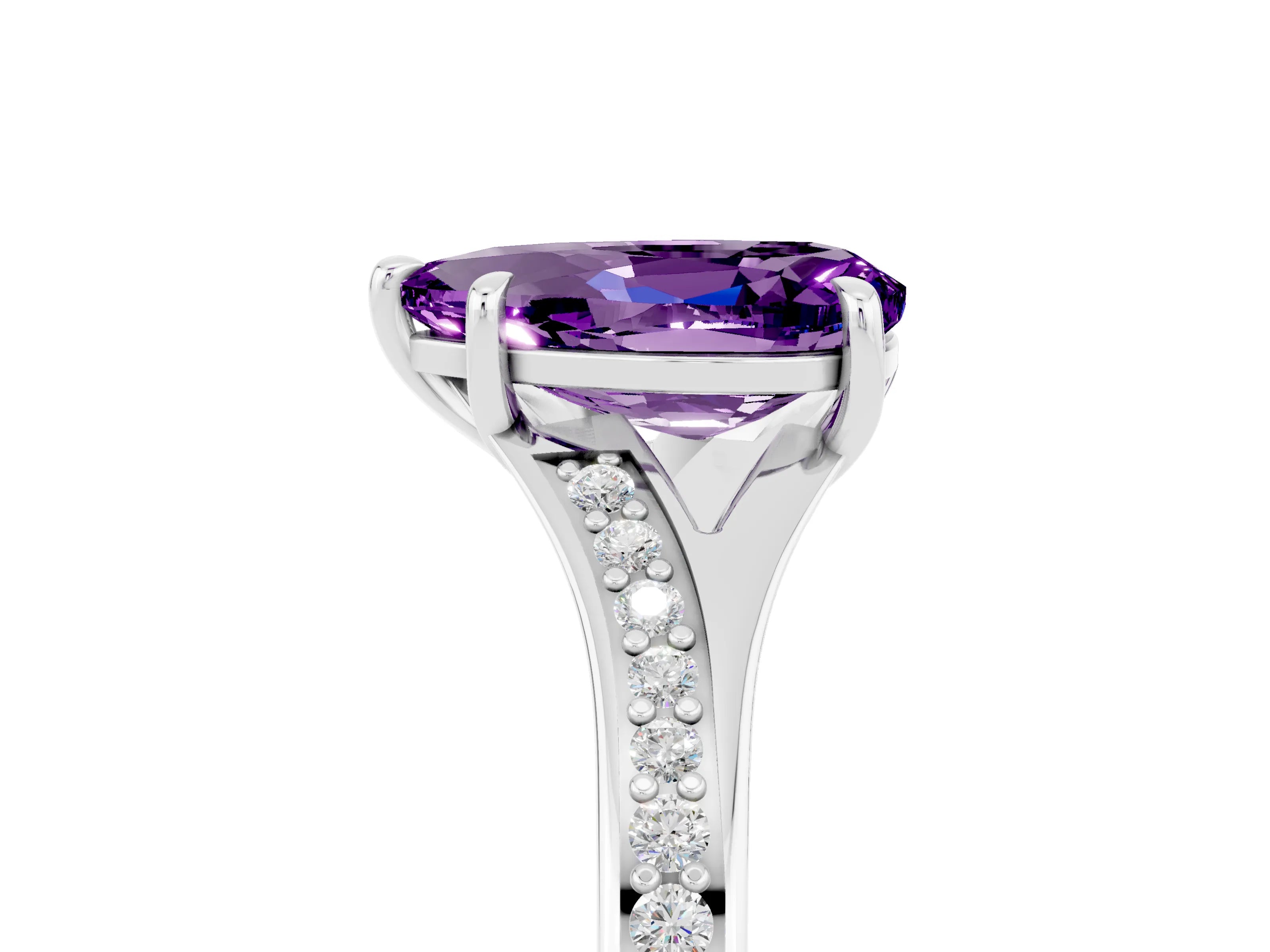 White gold Pear Cut Amethyst Solitaire Ring with Pavé Band and Prong Setting_5