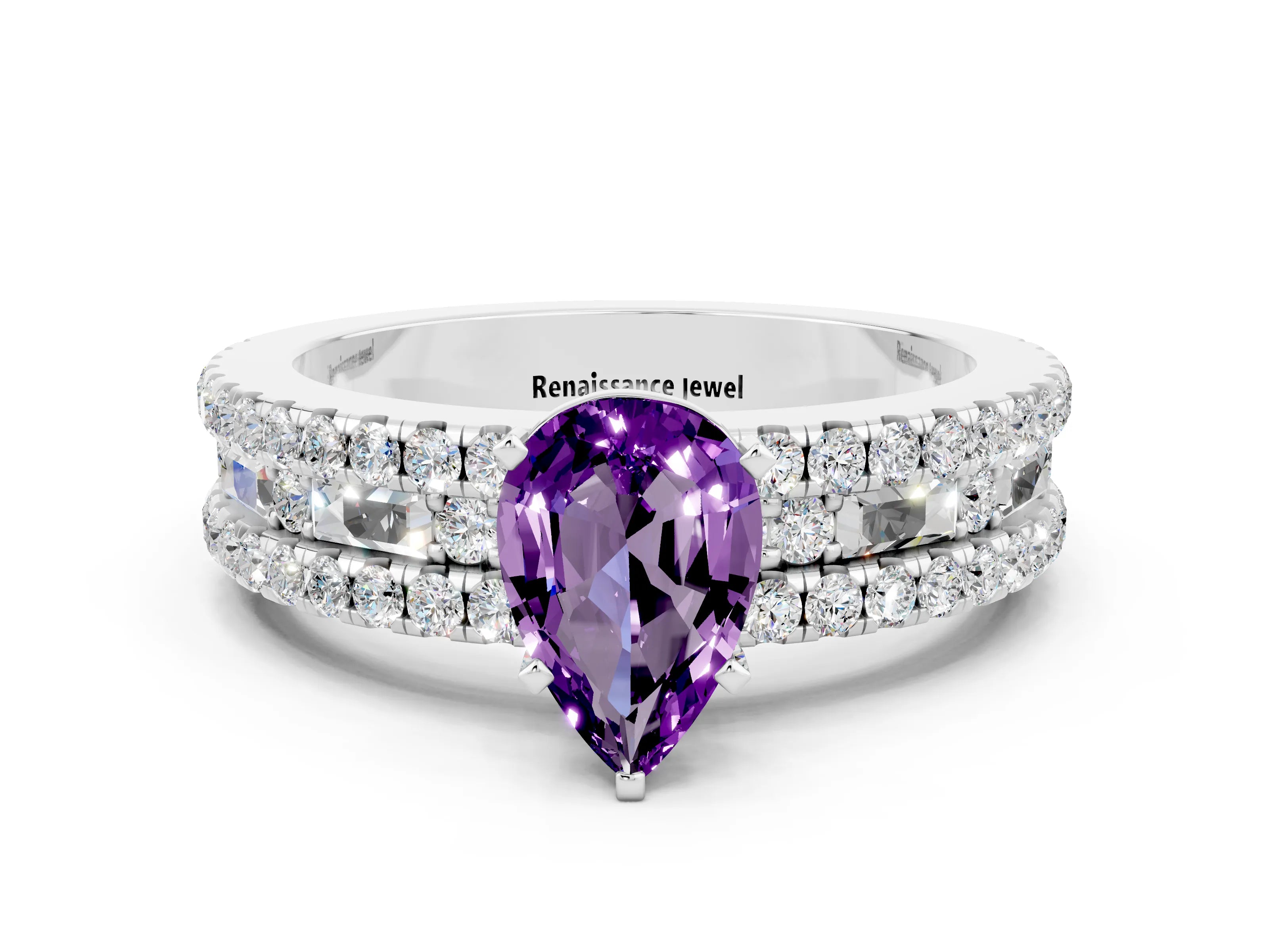 White gold Pear Cut Amethyst Solitaire Ring with Pavé and Channel Set Band