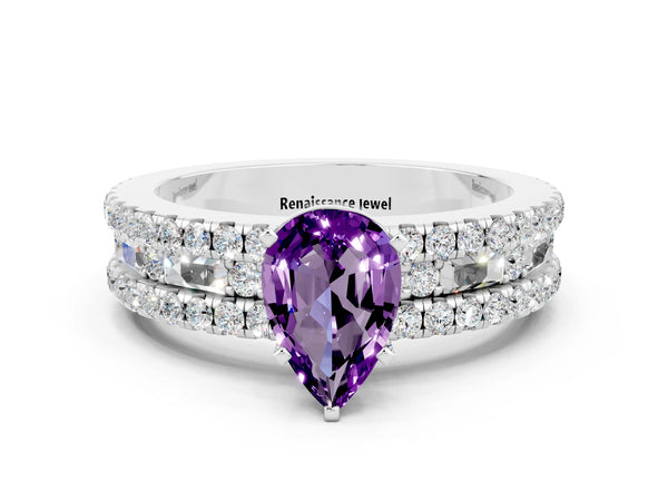 Platinum Pear Cut Amethyst Solitaire Ring with Pavé and Channel Set Band