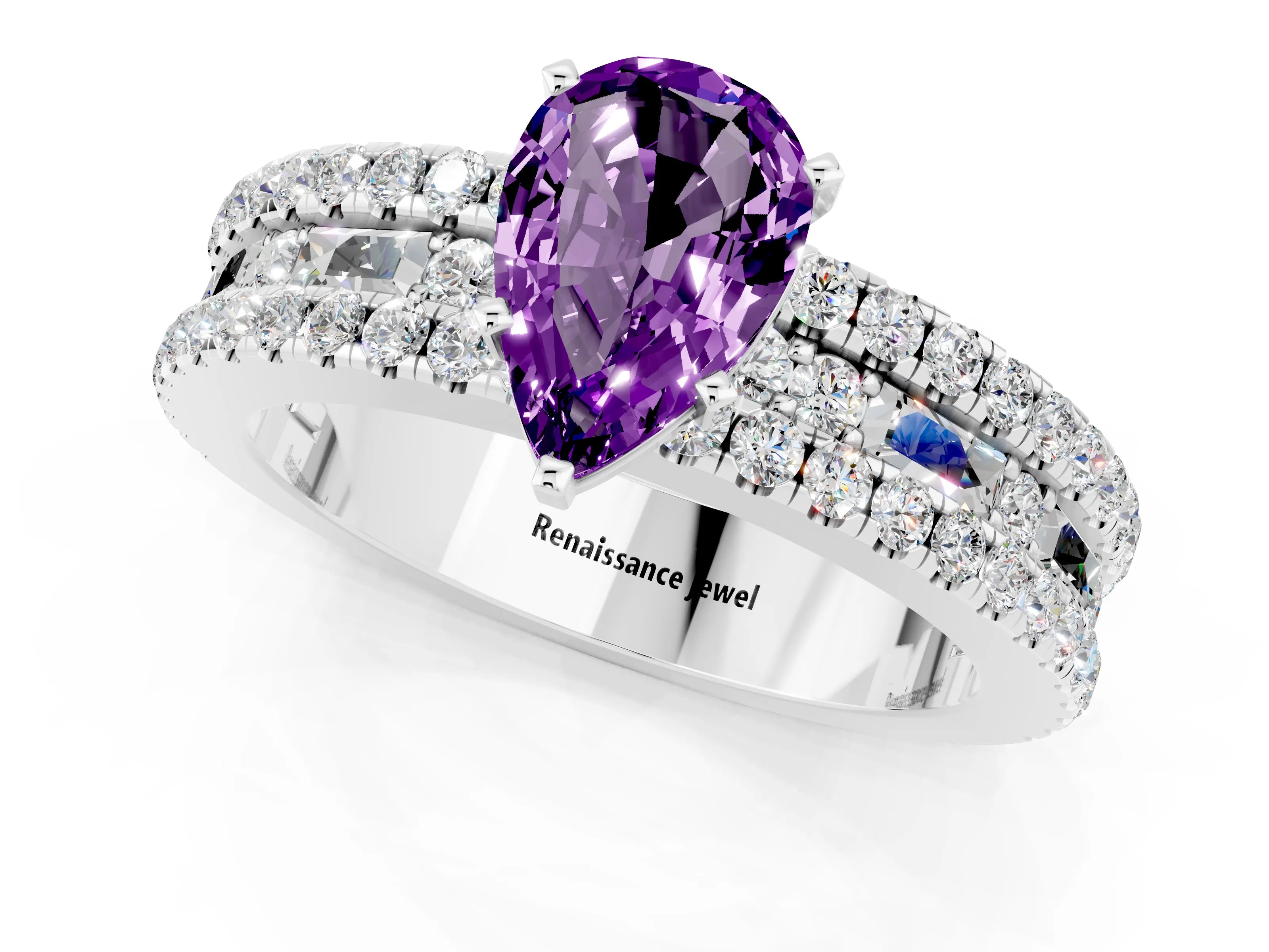 White gold Pear Cut Amethyst Solitaire Ring with Pavé and Channel Set Band_1