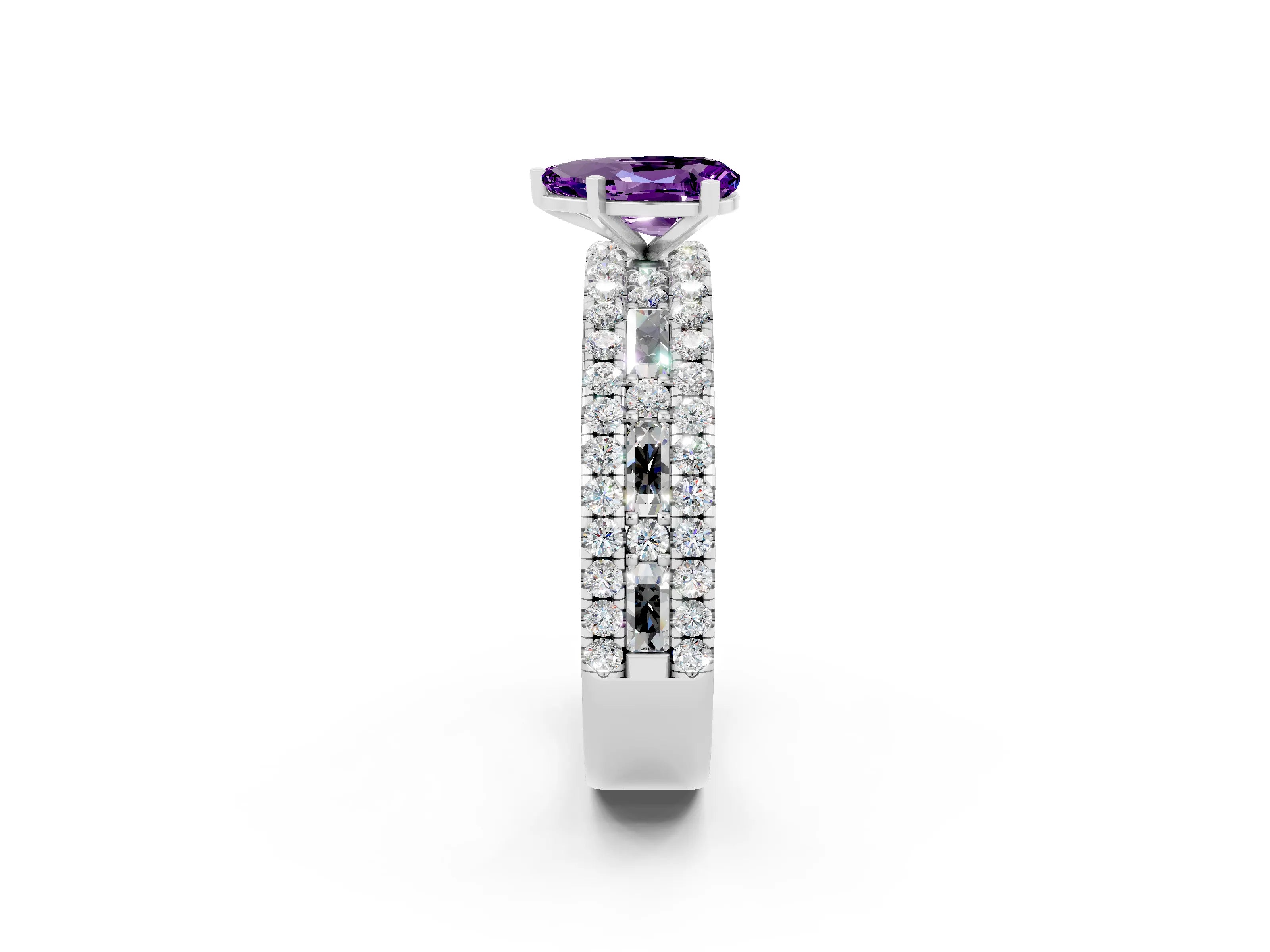 White gold Pear Cut Amethyst Solitaire Ring with Pavé and Channel Set Band_2