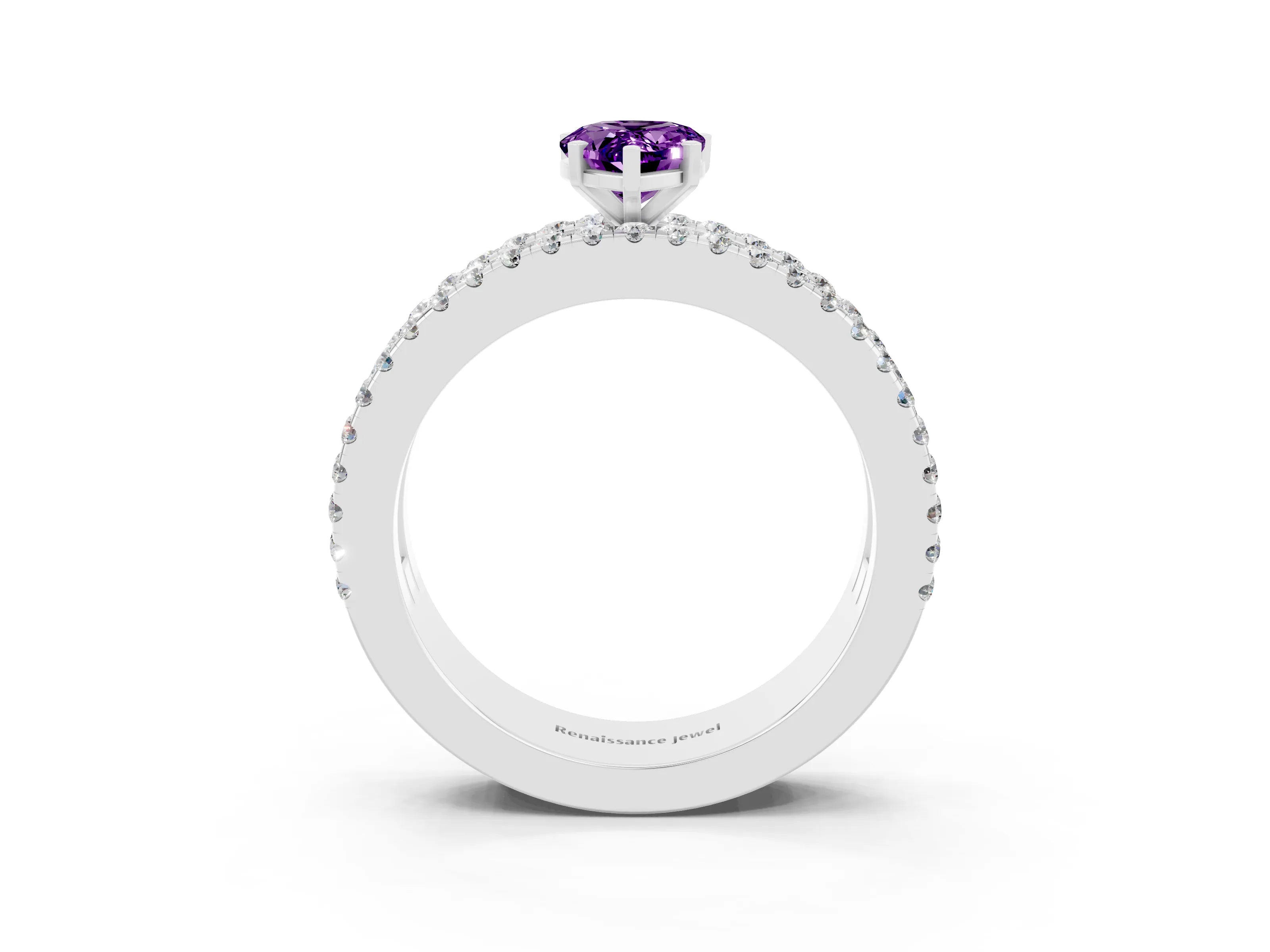 White gold Pear Cut Amethyst Solitaire Ring with Pavé and Channel Set Band_3