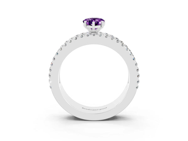 Platinum Pear Cut Amethyst Solitaire Ring with Pavé and Channel Set Band