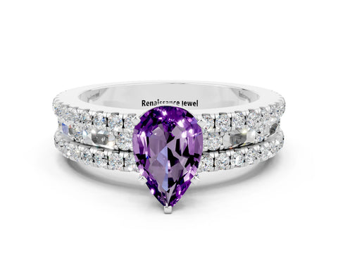 White gold Pear Cut Amethyst Solitaire Ring with Pavé and Channel Set Band