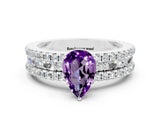 White gold Pear Cut Amethyst Solitaire Ring with Pavé and Channel Set Band