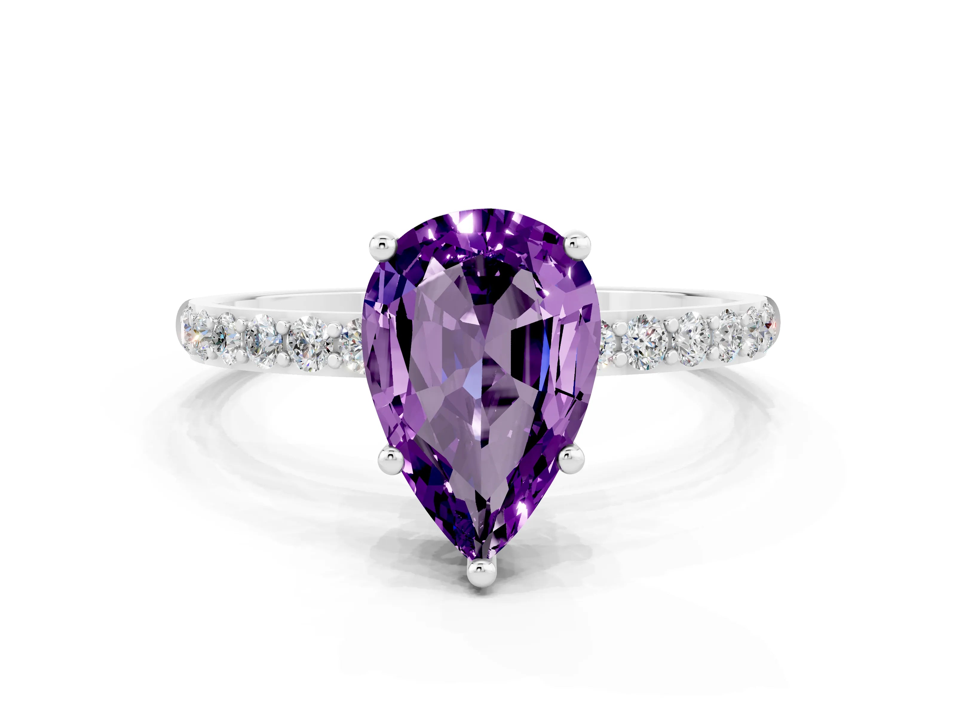 White gold Pear Cut Amethyst Solitaire Ring with Pave Band and Four Prong Setting_24