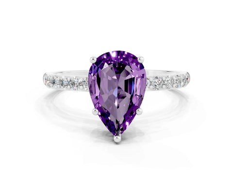 White gold Pear Cut Amethyst Solitaire Ring with Pave Band and Four Prong Setting_24