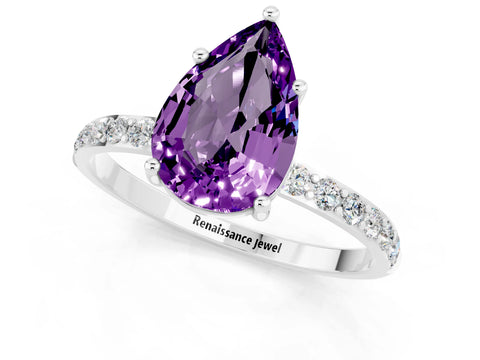 White gold Pear Cut Amethyst Solitaire Ring with Pave Band and Four Prong Setting_25