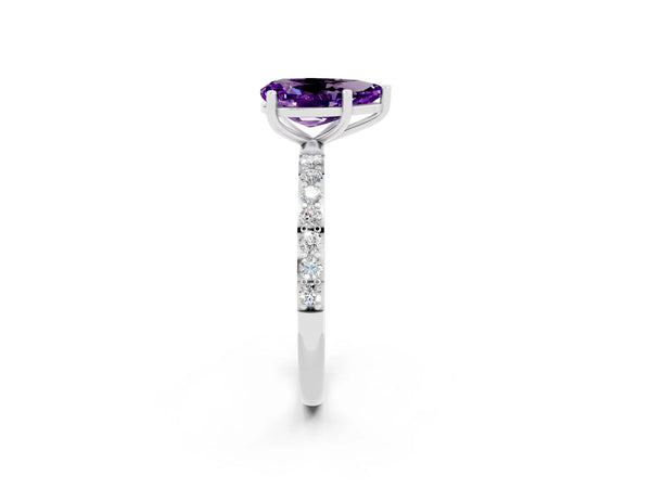 Platinum Pear Cut Amethyst Solitaire Ring with Round  Pavé Band and Prong Setting
