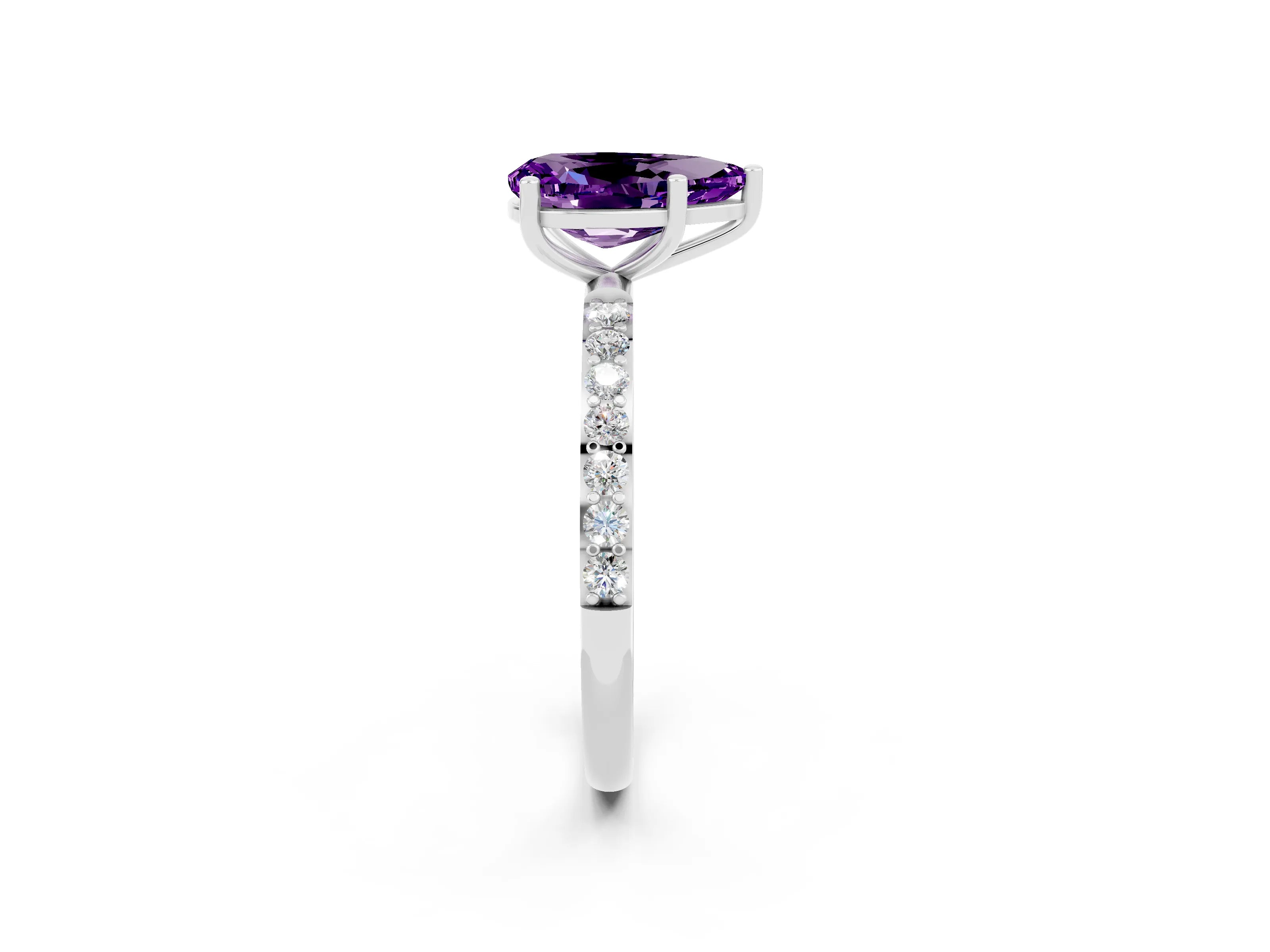 White gold Pear Cut Amethyst Solitaire Ring with Pave Band and Four Prong Setting_26