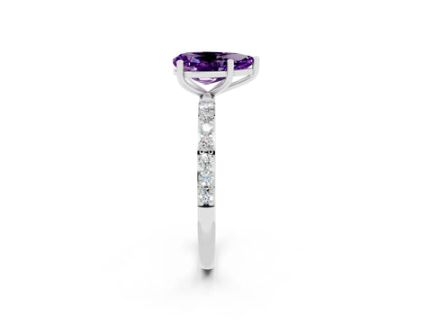 White gold Pear Cut Amethyst Solitaire Ring with Pave Band and Four Prong Setting_26