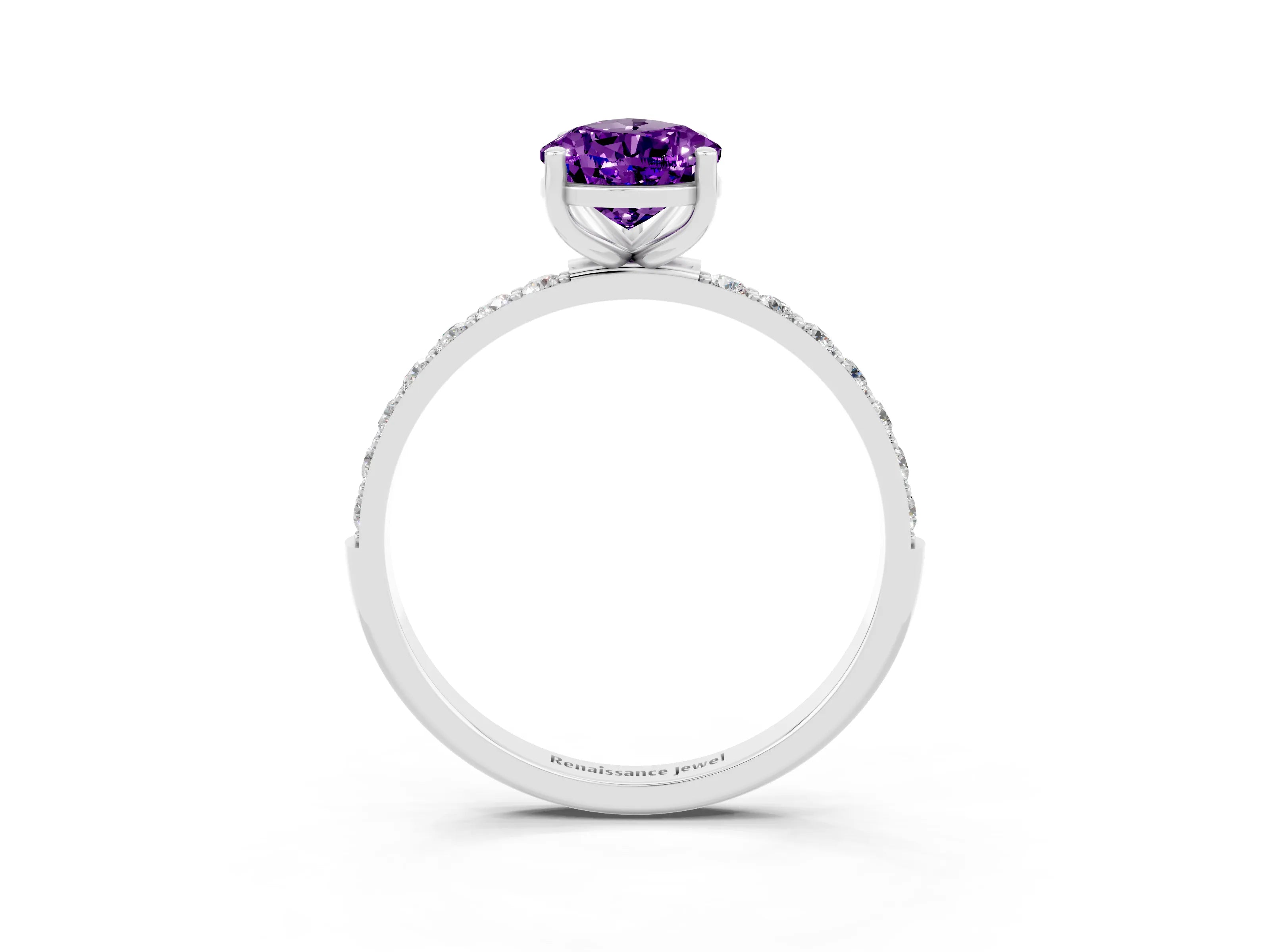White gold Pear Cut Amethyst Solitaire Ring with Pave Band and Four Prong Setting_27