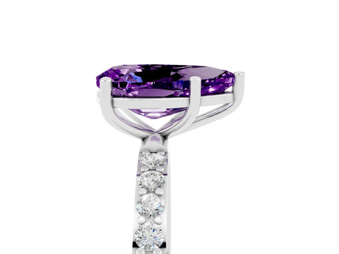White gold Pear Cut Amethyst Solitaire Ring with Pave Band and Four Prong Setting_29