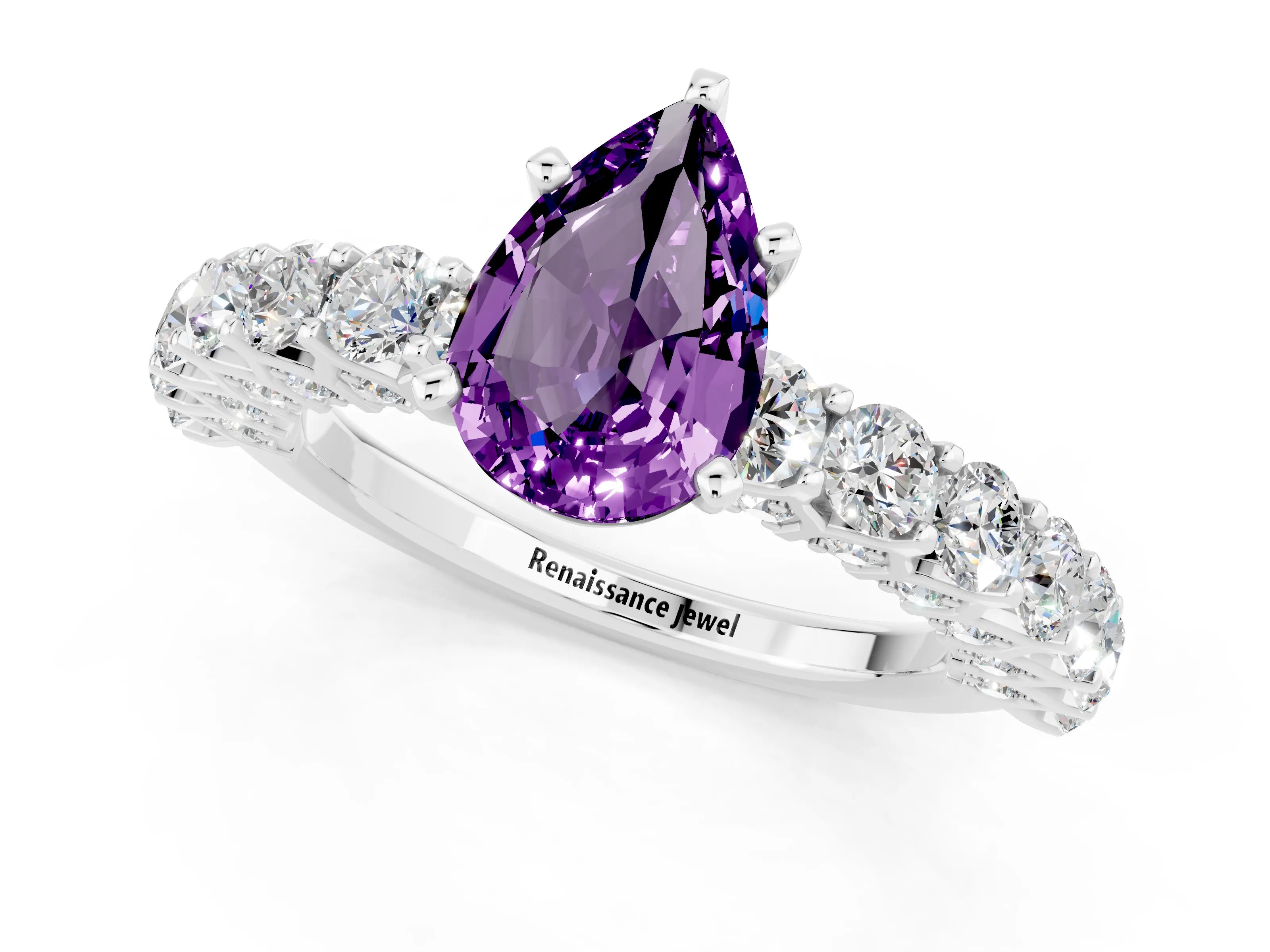White gold Pear Cut Amethyst Solitaire Ring with Shared Prong Pavé Band and Four-Prong Setting_1