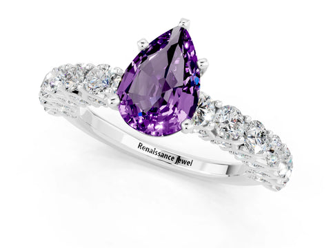 White gold Pear Cut Amethyst Solitaire Ring with Shared Prong Pavé Band and Four-Prong Setting_1
