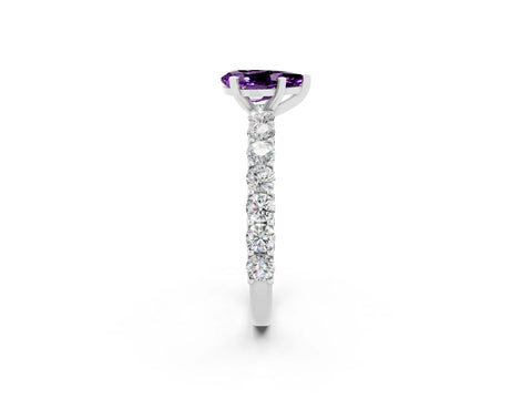 White gold Pear Cut Amethyst Solitaire Ring with Shared Prong Pavé Band and Four-Prong Setting_2