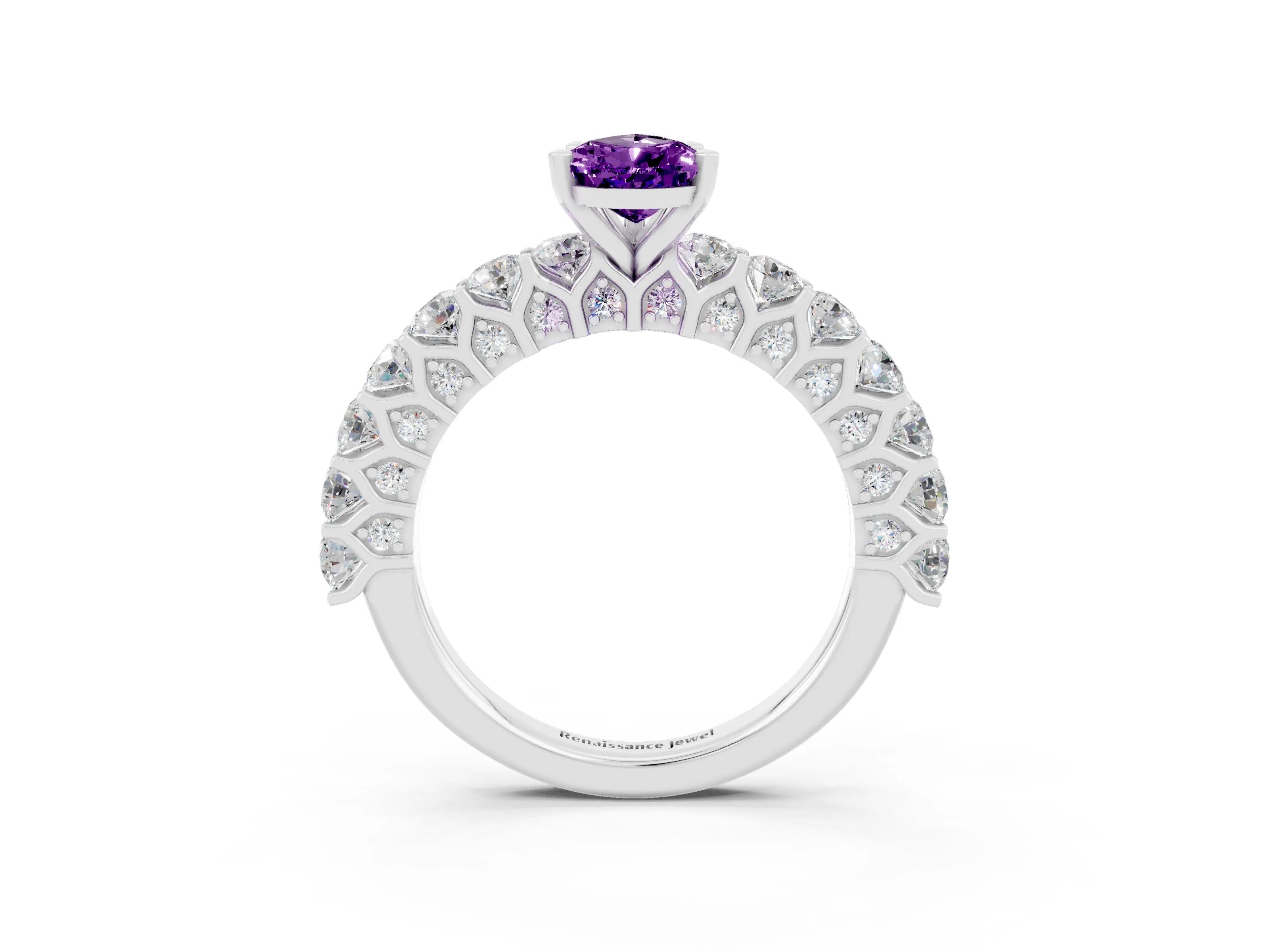 White gold Pear Cut Amethyst Solitaire Ring with Shared Prong Pavé Band and Four-Prong Setting_3
