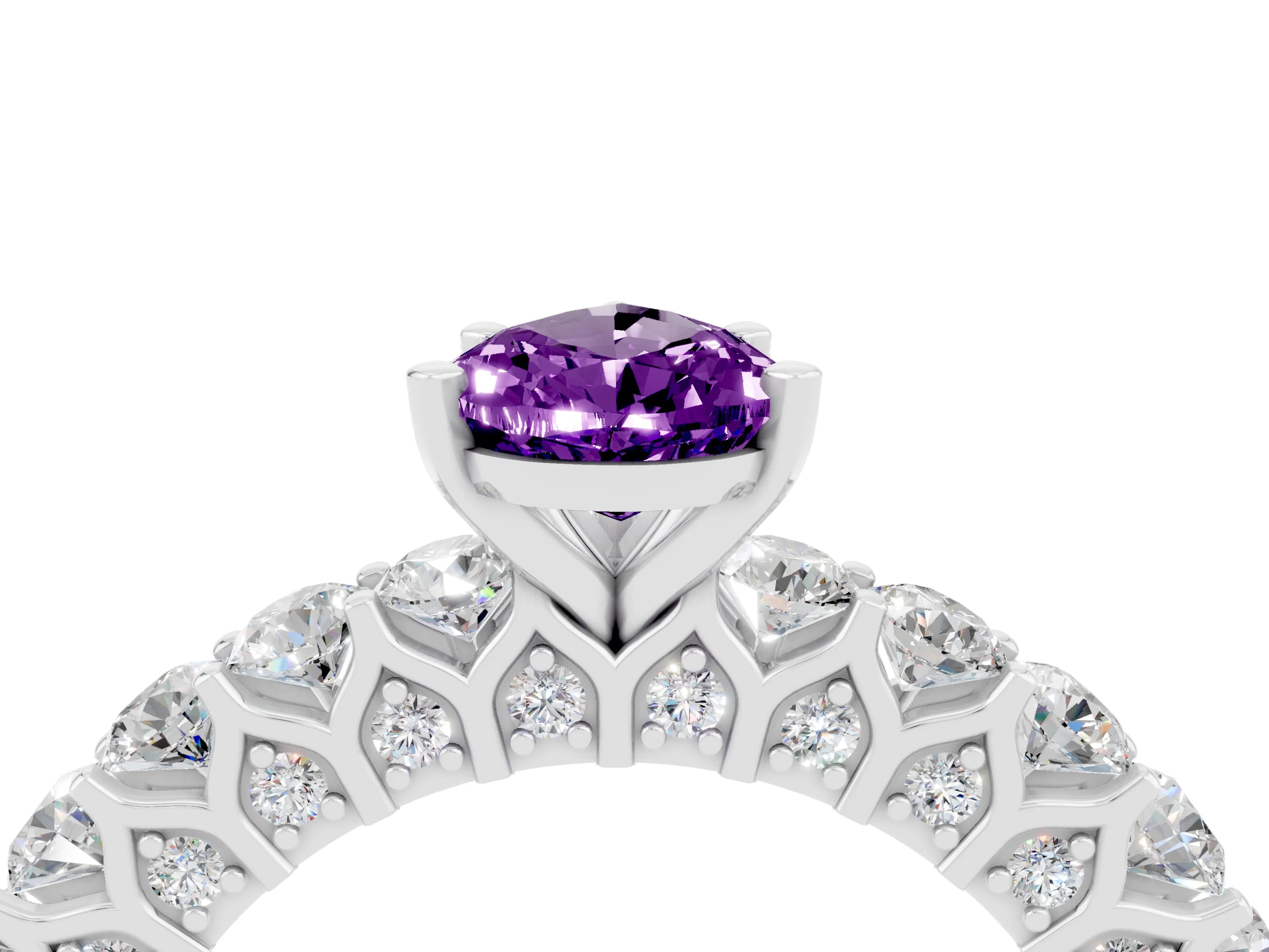 White gold Pear Cut Amethyst Solitaire Ring with Shared Prong Pavé Band and Four-Prong Setting_4