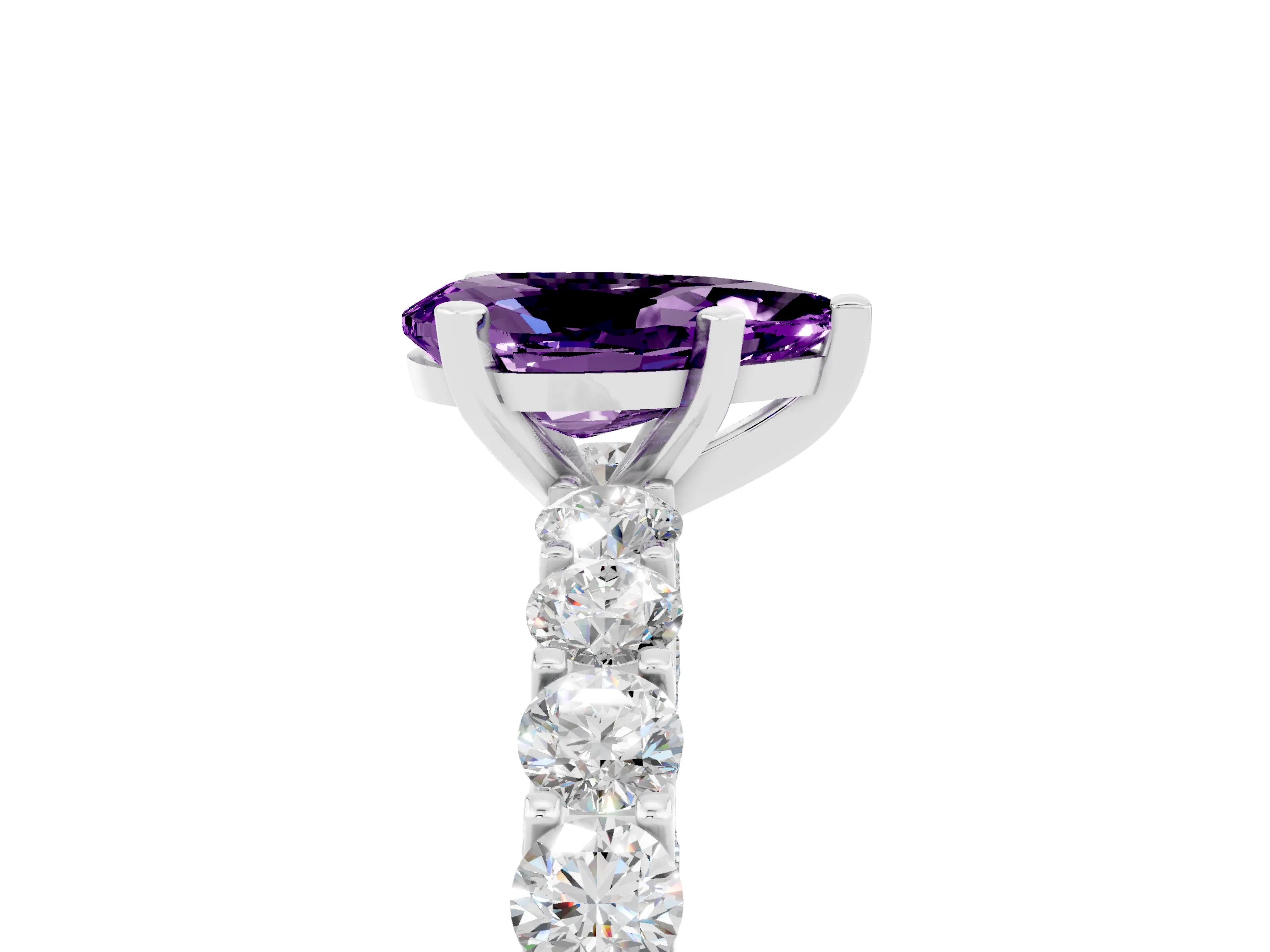 White gold Pear Cut Amethyst Solitaire Ring with Shared Prong Pavé Band and Four-Prong Setting_5