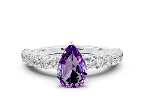 White gold Pear Cut Amethyst Solitaire Ring with Shared Prong Pavé Band and Four-Prong Setting