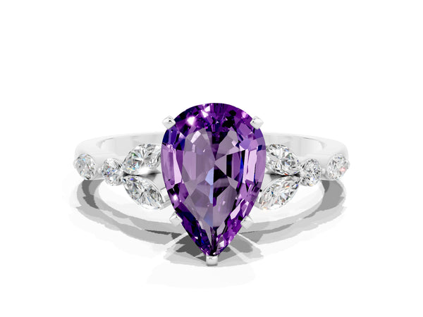 Platinum Pear Cut Amethyst Solitaire Ring with Side Stones and Four-Prong Setting