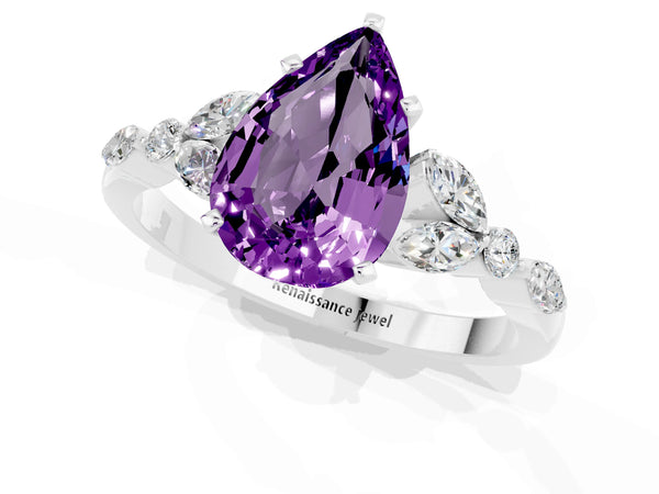 Platinum Pear Cut Amethyst Solitaire Ring with Side Stones and Four-Prong Setting