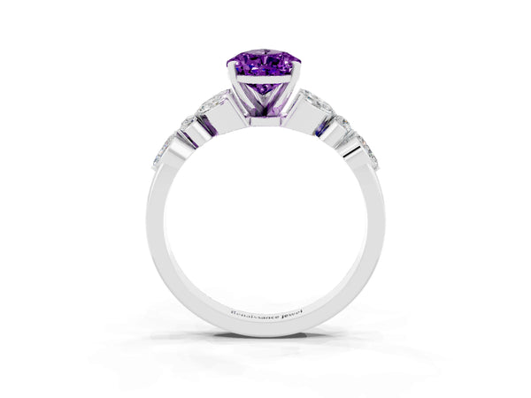 Platinum Pear Cut Amethyst Solitaire Ring with Side Stones and Four-Prong Setting
