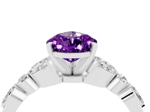 White gold Pear Cut Amethyst Solitaire Ring with Side Stones and Four-Prong Setting_28