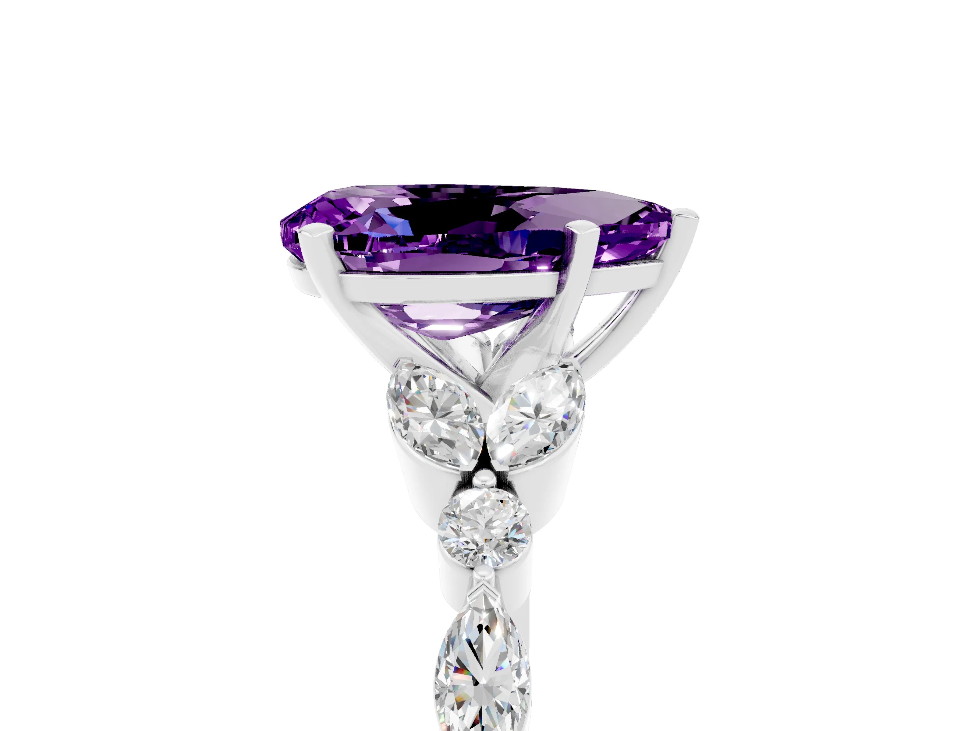 White gold Pear Cut Amethyst Solitaire Ring with Side Stones and Four-Prong Setting_29