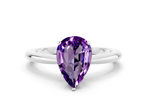 Platinum Pear Cut Amethyst Solitaire Ring with Six-Prong Setting and Classic Band