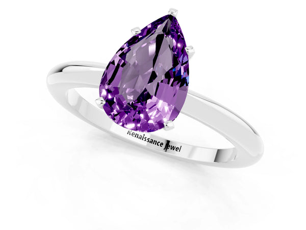 White gold Pear Cut Amethyst Solitaire Ring with Six-Prong Setting and Classic Band