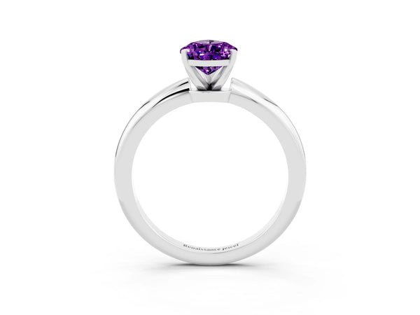 White gold Pear Cut Amethyst Solitaire Ring with Six-Prong Setting and Classic Band