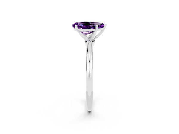 Silver Pear Cut Amethyst Solitaire Ring with Six-Prong Setting and Classic Band
