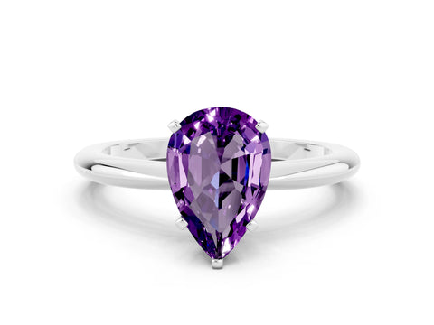 White gold Pear Cut Amethyst Solitaire Ring with Six-Prong Setting and Classic Band