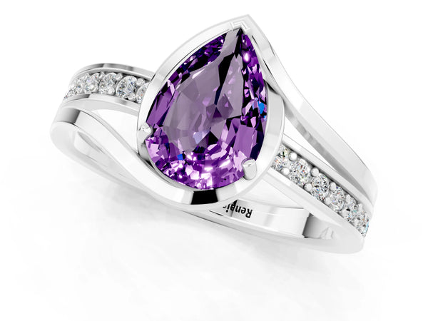 Platinum Pear Cut Amethyst Solitaire Ring with Split Shank and Prong Setting