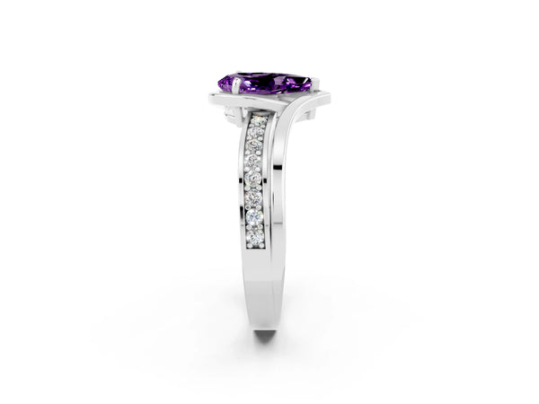 Platinum Pear Cut Amethyst Solitaire Ring with Split Shank and Prong Setting