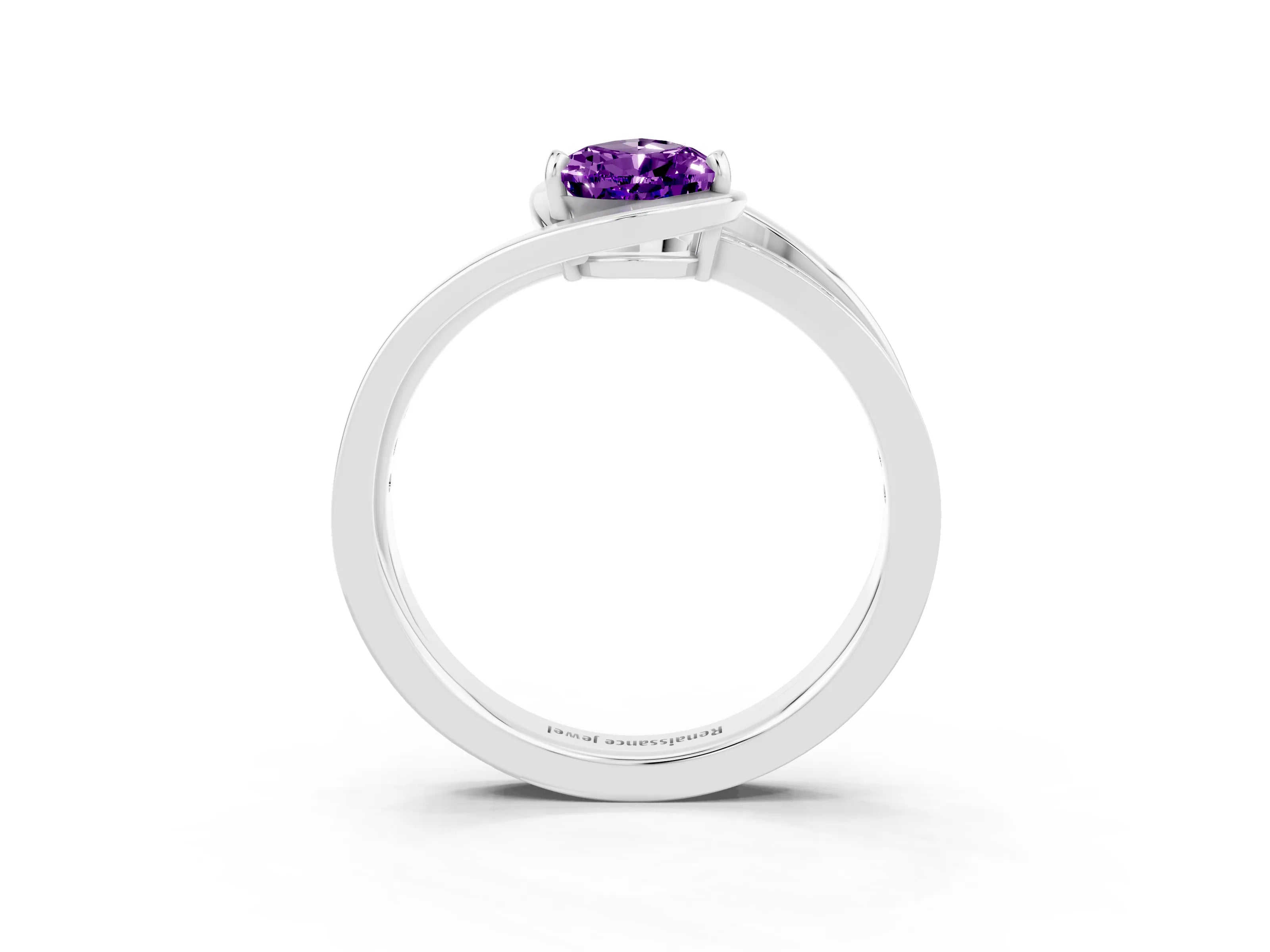 White gold Pear Cut Amethyst Solitaire Ring with Split Shank and Prong Setting_3