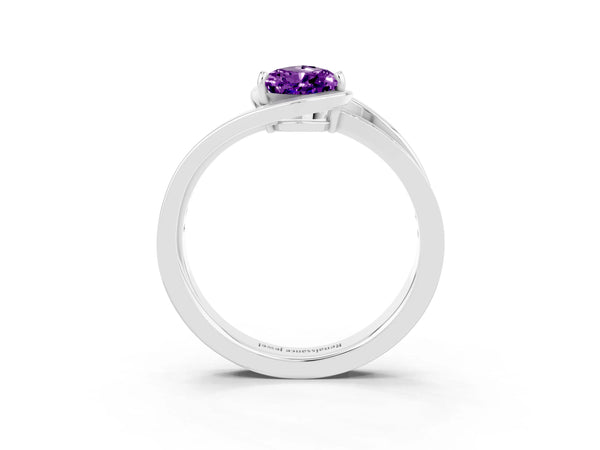 White gold Pear Cut Amethyst Solitaire Ring with Split Shank and Prong Setting