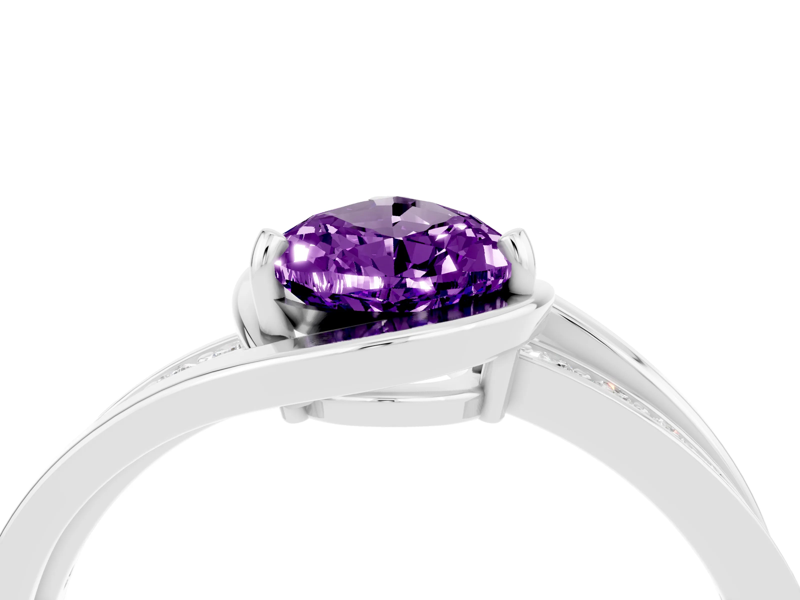 White gold Pear Cut Amethyst Solitaire Ring with Split Shank and Prong Setting_4