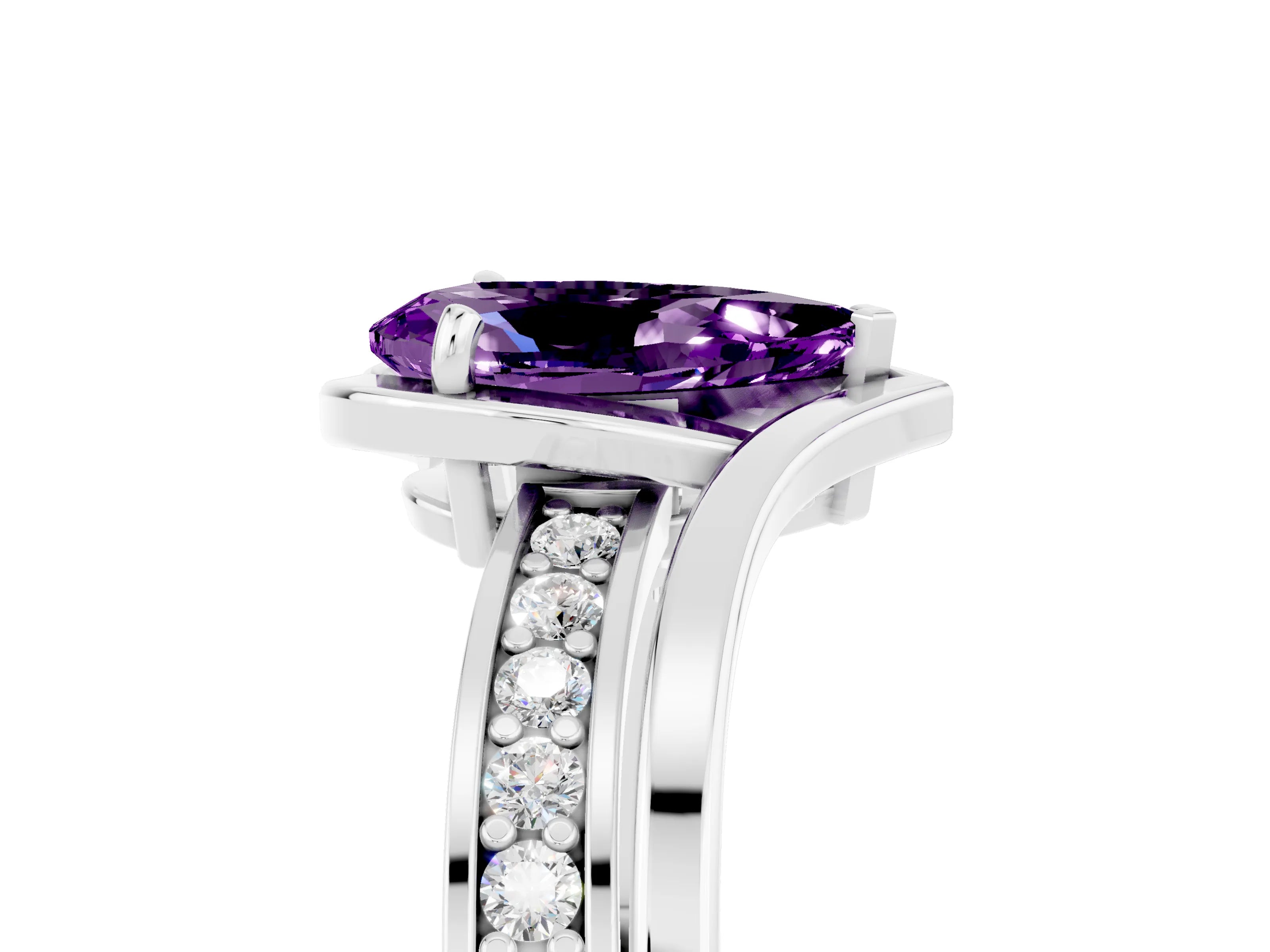 White gold Pear Cut Amethyst Solitaire Ring with Split Shank and Prong Setting_5