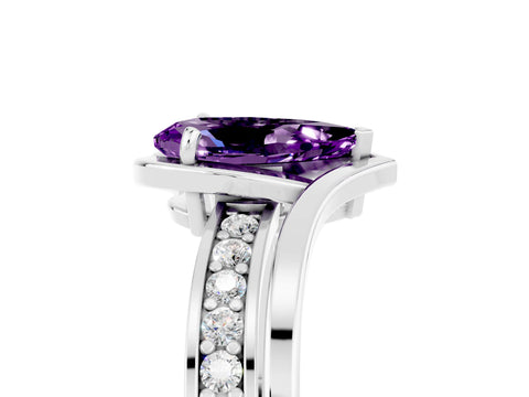 White gold Pear Cut Amethyst Solitaire Ring with Split Shank and Prong Setting_5