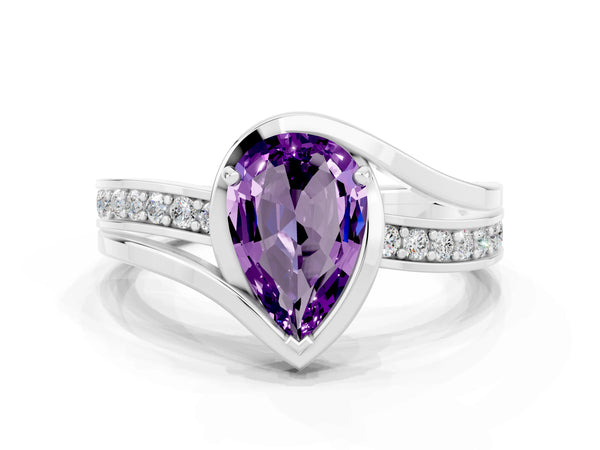 Silver Pear Cut Amethyst Solitaire Ring with Split Shank and Prong Setting