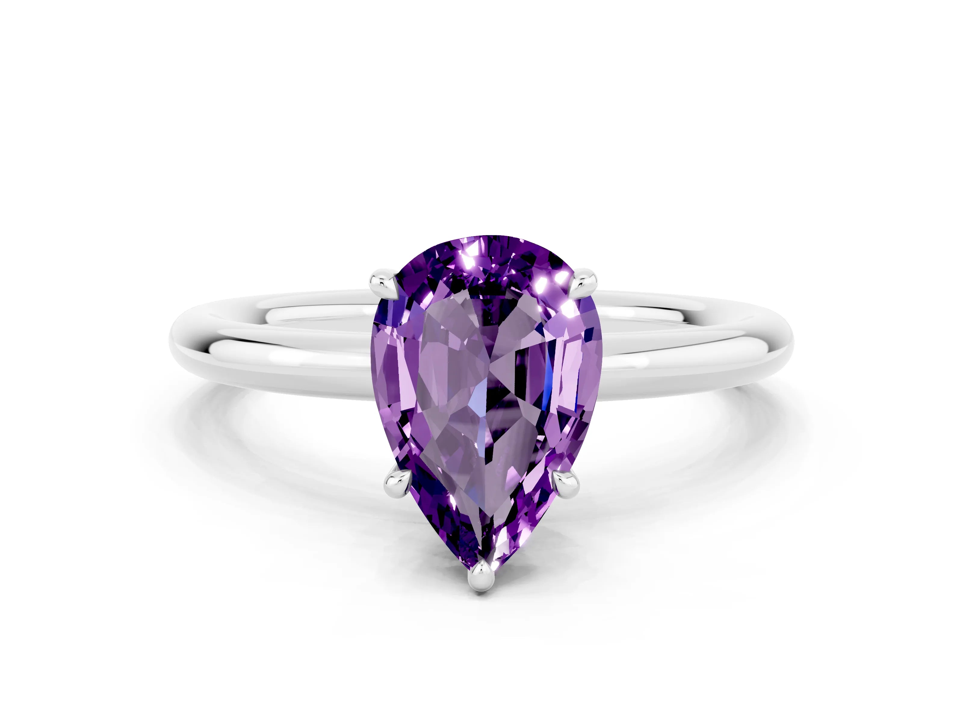 White gold Pear Cut Amethyst Solitaire Ring with Thin Band and Four-Prong Setting_12