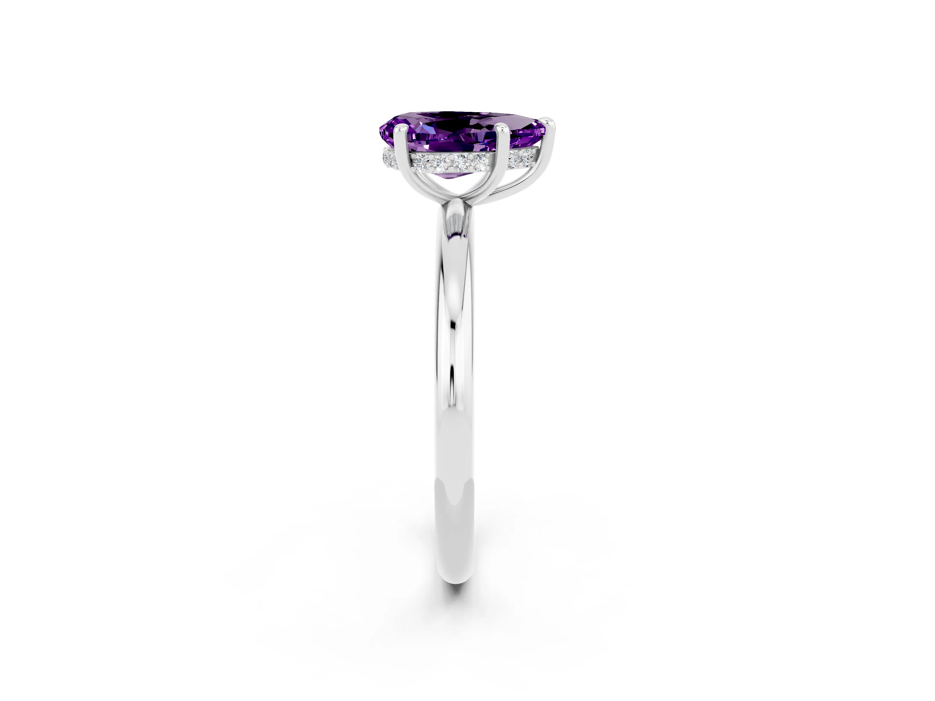 White gold Pear Cut Amethyst Solitaire Ring with Thin Band and Four-Prong Setting_14