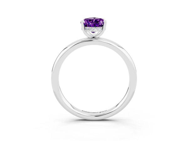 Silver Pear Cut Amethyst Solitaire Ring with Thin Band and Four-Prong Setting